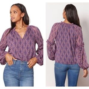 Evereve Womens Maroon V Neck Sheer Sleeve Boho Peasant Shirt Womens Large Maroon